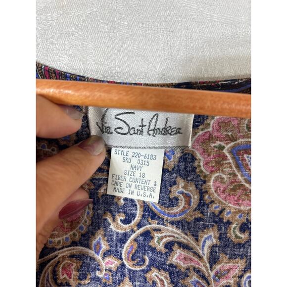 Via Sant Andrea Dress 18 Navy Blue Floral Made in USA Apron Button Sides Jumper - Picture 7 of 11